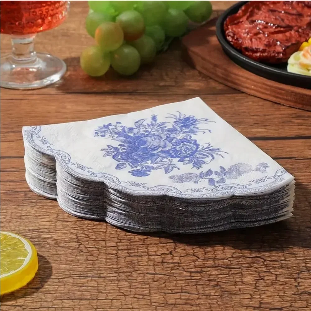 Blue Floral Round Scalloped Edge Cocktail Napkins, 20 ct
